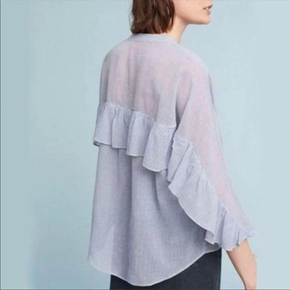 Anthropologie Maeve stripe ruffle sleeve button down shirt 5336 - Picture 2 of 10
